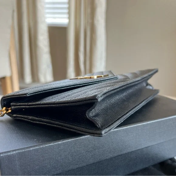 SAINT LAURENT MATELASSE CHAIN WALLET with gold chain